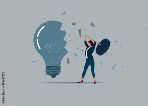 Female using sledgehammer and breaks light bulb . Flat vector illustration.