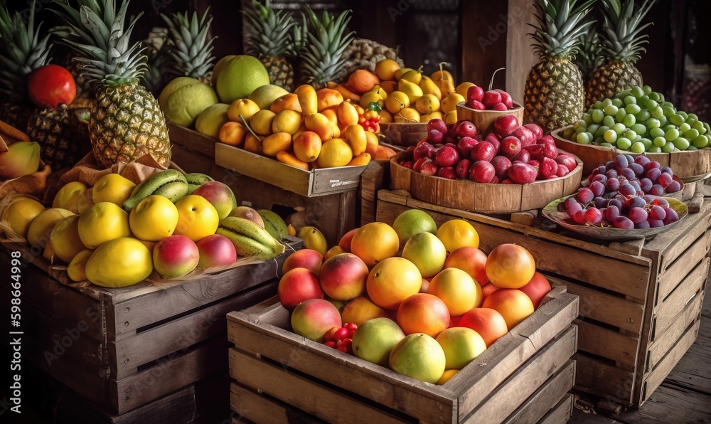  a variety of fruits are displayed in wooden boxes on display.  generative ai