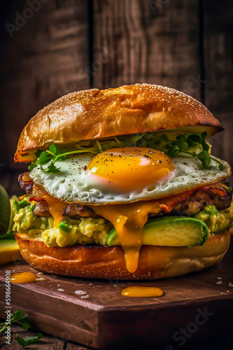 Breakfast sandwiches, Toasted bread with fried eggs avocado and bacon. Generative AI