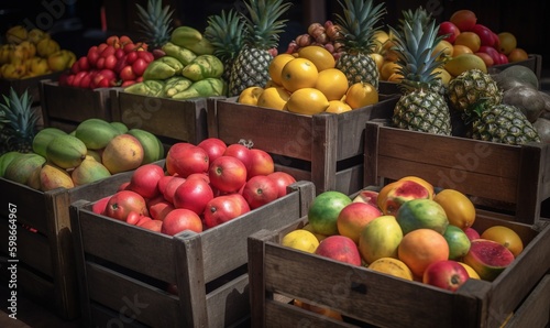  a variety of fruits are in wooden boxes on display at a market.  generative ai