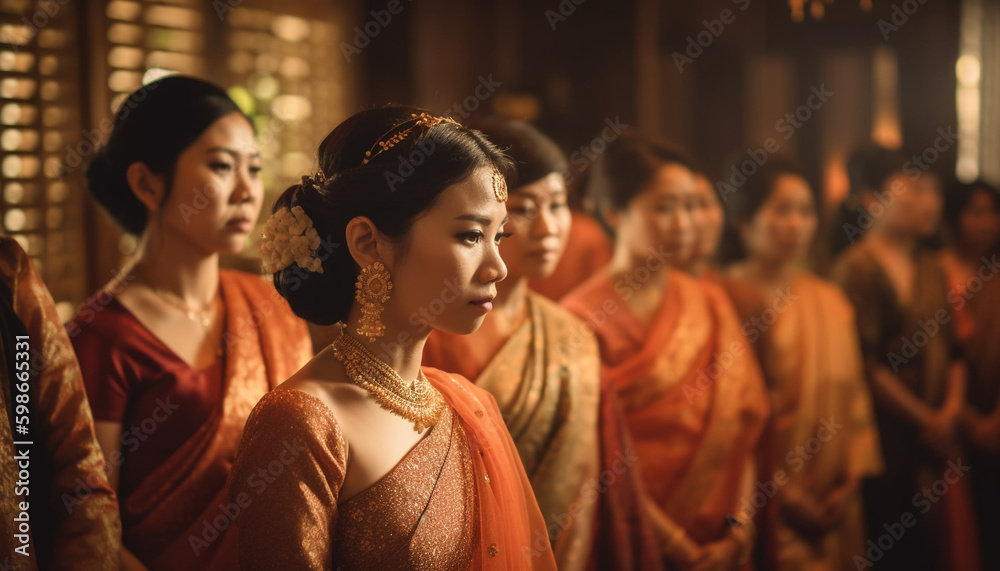 Young women in traditional clothing praying happily generated by AI