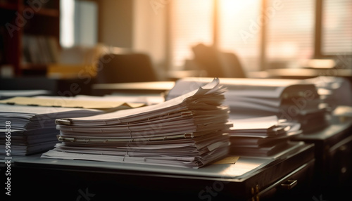 Corporate business paperwork stack on messy desk generated by AI