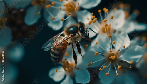 Busy honey bee pollinates single flower beautifully generated by AI