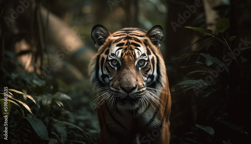 Bengal tiger staring, close up portrait in nature generated by AI