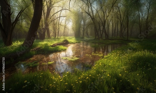  a painting of a stream running through a lush green forest.  generative ai © Olga