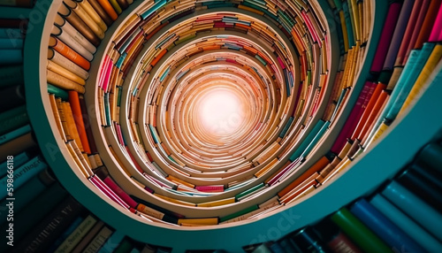 Spinning stack of old books in library generated by AI