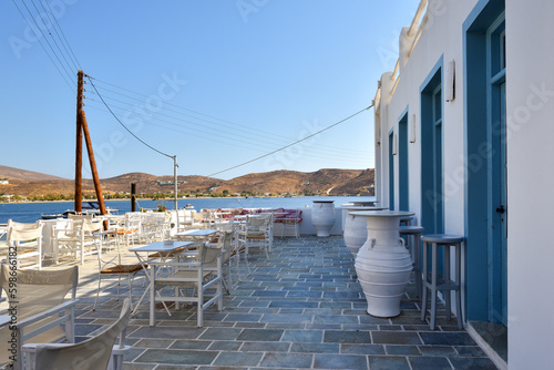 Typical seaside restaurant with beautiful sea view in Livadi village on Serifos Island. Greece © vivoo