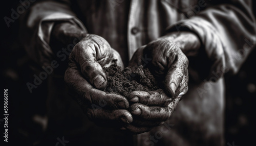 Old farmer hands holding dirt, nature growth generated by AI © djvstock