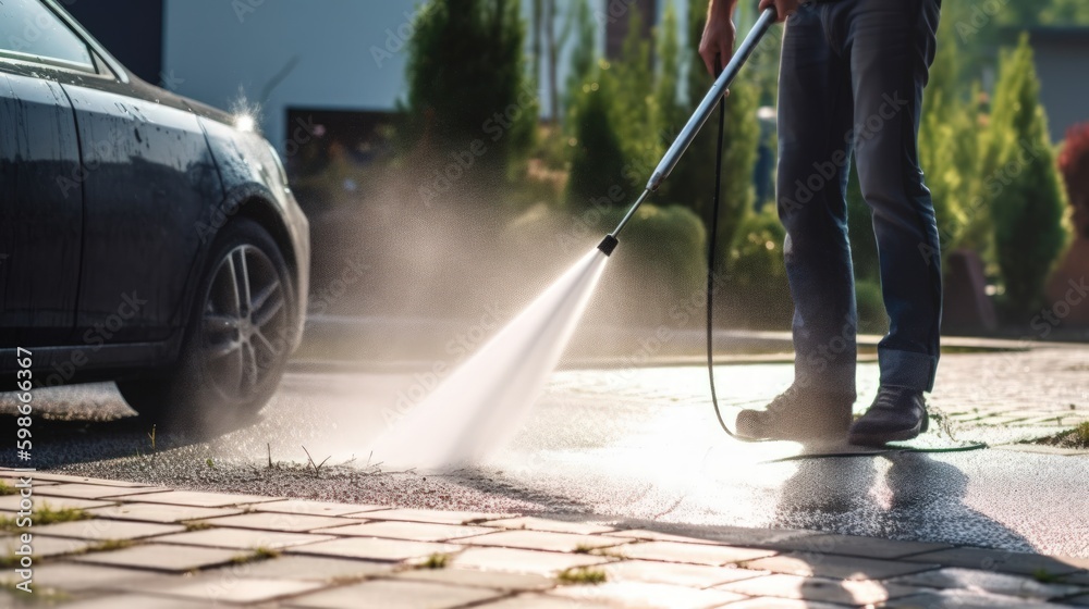 A dynamic shot of a man using a pressure washer to blast away dirt and grime from a weathered driveway. Generative AI A dynamic shot of a man using a pressure washer to blast away dirt and grime from a weathered driveway. Generative AI