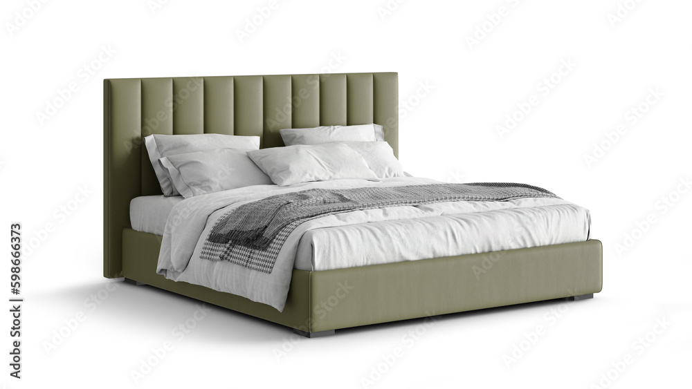 Modern double bed on isolated white background. Furniture for the modern interior, minimalist design. Eco leather.  - obrazy, fototapety, plakaty 