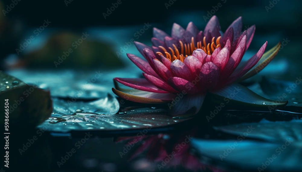 Lotus flower head floating on tranquil pond generated by AI