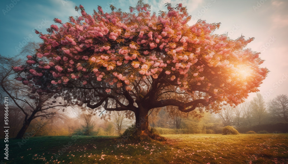 Fototapeta premium Tranquil scene of idyllic meadow at dawn generated by AI