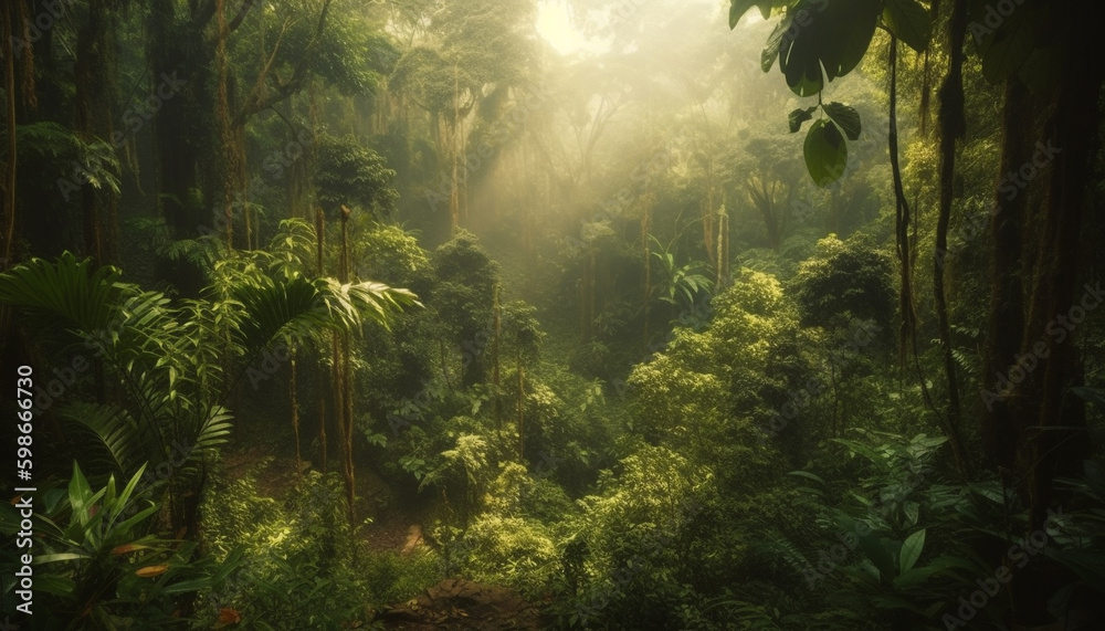 Tranquil footpath winds through tropical rainforest mystery generated by AI