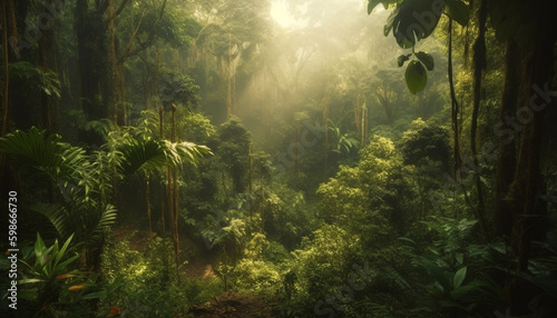 Tranquil footpath winds through tropical rainforest mystery generated by AI