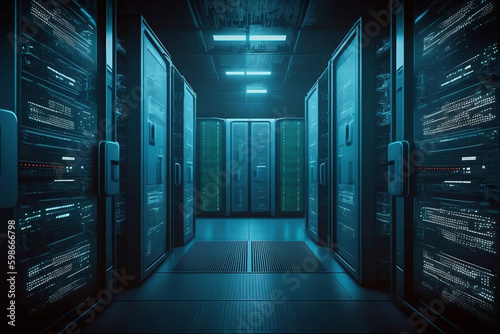 data center with racks of servers and advanced networking equipment for managing and storing digital information. Generated by AI