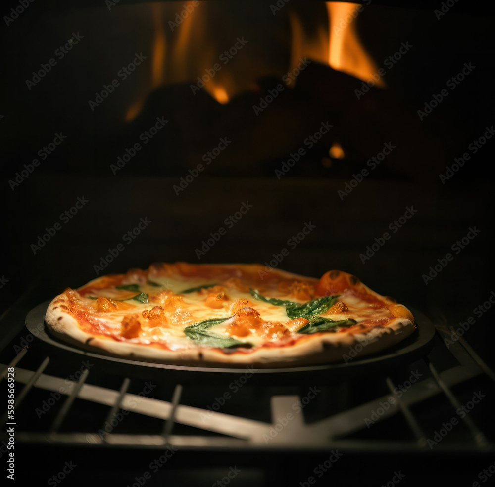 cooked italian pizza with cheese on the background of an open fire. Generative AI Generative AI