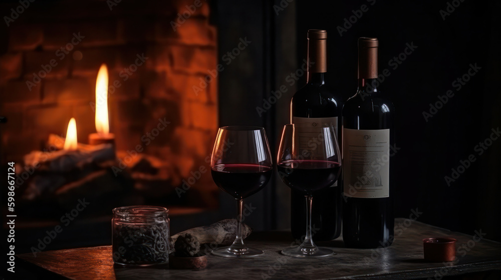a bottle of red wine and glasses by the flames of the fireplace. background with copy space.Generative AI Generative AI
