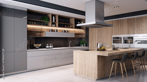 Kitchen Interior with Island, Sink, Cabinets, and Hardwood Floors in New Luxury Home. Features Elegant Pendant Light Fixtures, and Farmhouse Sink next to Window