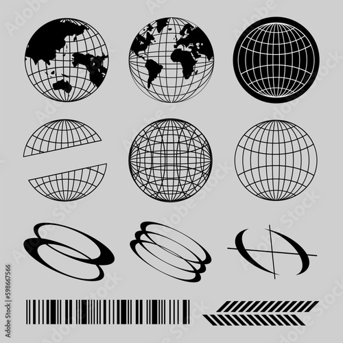Black streetwear element, globes, abstract shape, bar code for design T shirt, poster, etc... 