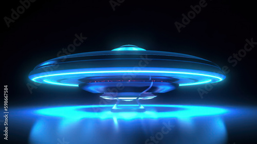 UFO, alien spaceships with blue beam of light, smoke and sparkles. Saucers with bright illumination and vertical beam, unidentified flying objects, realistic illustration. Generative AI Generative AI