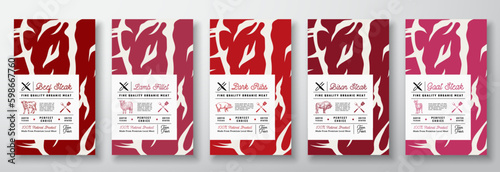 Meat Texture Abstract Vector Product Labels Set. Food Packaging Design Templates Collection. Modern Typography and Hand Drawn Cow, Sheep, Pig, Bison and Goat Silhouettes Background Layouts Isolated
