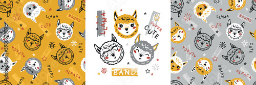 Set of Baby Seamless Patterns and Poster with Cute Llama. Childish Background with Little Alpaca Heads. Vector Funny Animal Face Drawing for Tee Print for Kids. Yellow, Gray, White Color