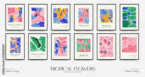 Abstract floral posters template. Modern trendy Matisse minimal style. Tropical jungle. Hand drawn design for wallpaper, wall decor, print, postcard, cover, template, banner. 