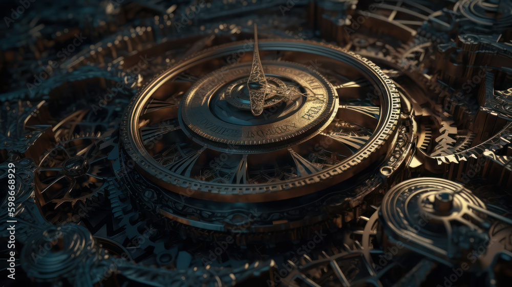 Fototapeta premium many old rusty metal gears or mechanical watch machine parts .close up of mechanical watch parts . Generative AI Generative AI