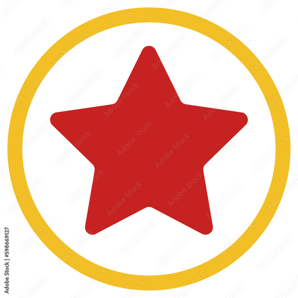 Red color star icon with yellow circle, flat style vector shape illustration for mobile, app, web, UI, game, logo, stamp, sticker, label, agenda, lazer engrave model symbol with isolated background. Red color star icon with yellow circle, flat style vector shape illustration for mobile, app, web, UI, game, logo, stamp, sticker, label, agenda, lazer engrave model symbol with isolated background.