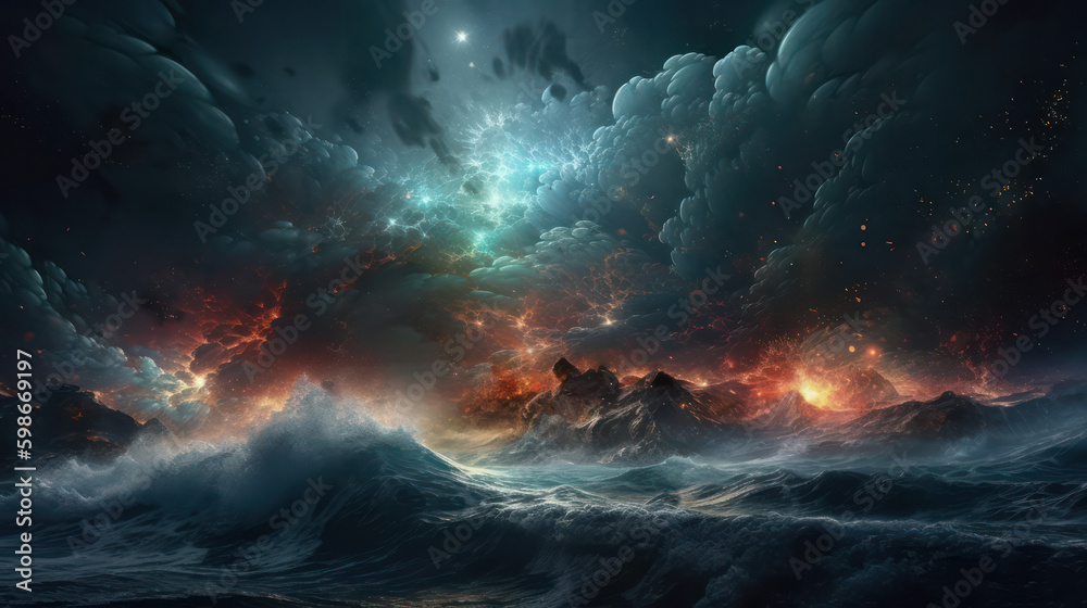the whole natural universe with stellar nebulae, seas and stars, galaxies, planets and a cumulonimbus storm. Abstract background.Generative AI Generative AI