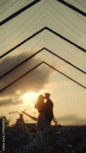 Beautiful view of sunset in evening field with wedding couple who is hugging and kissing. Romantic and love Vertical orientation footage. 