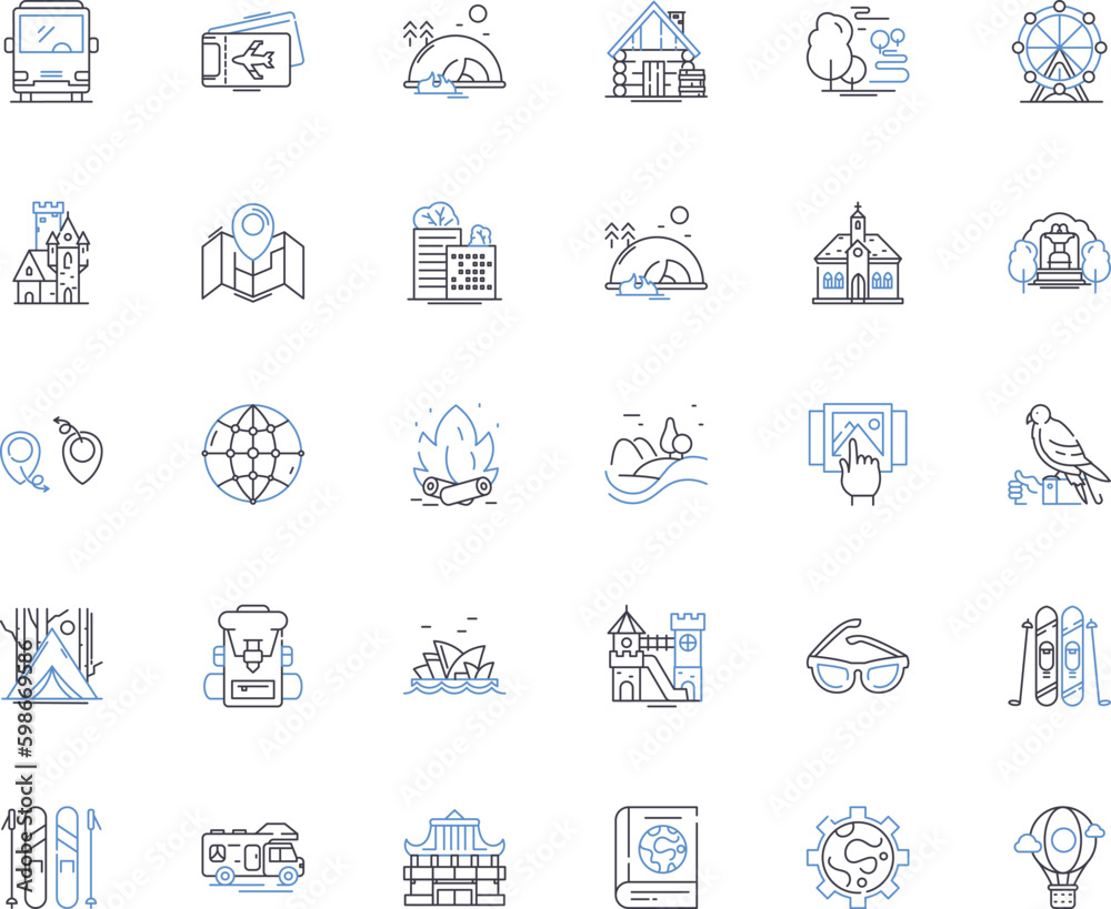 Travel business line icons collection. Adventure, Culture, Luxury, Ecotourism, Hospitality, Cuisine, Scenery vector and linear illustration. Relaxation,Destination,Exploration outline Generative AI