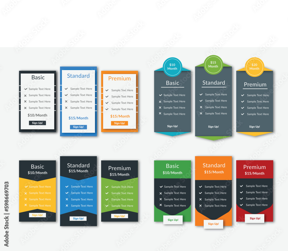 Modern Pricing table design big set Table price comparison design template