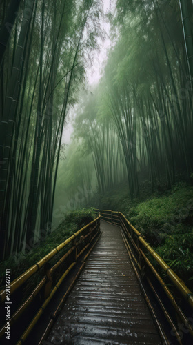 bridge in the bamboo forest on a rainy warm summer day. drizzle and fog.Generative AI Generative AI