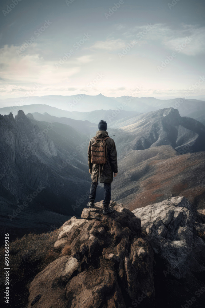 Adventurer standing on top of a mountain peak. Generative AI