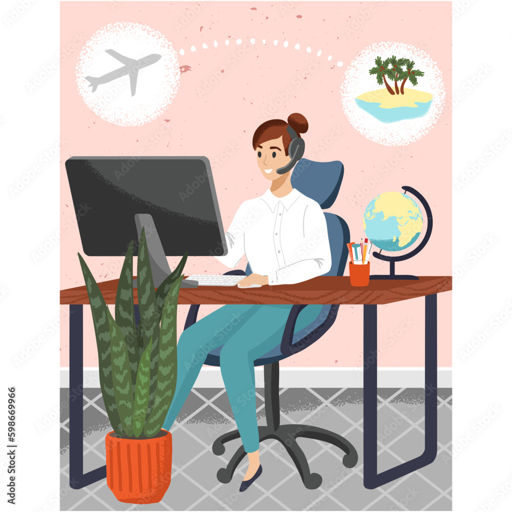 Fototapeta premium Vector travel agency agent operator in office