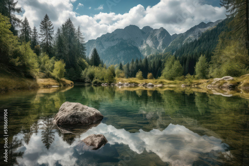Panoramic view of a mountain lake in a natural landscape. Generative AI Generative AI