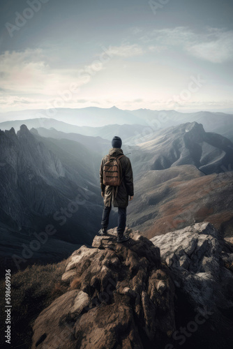Adventurer standing on top of a mountain peak. Generative AI © piai
