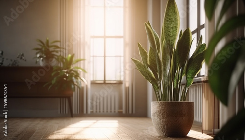 Green plant on modern table brings nature inside generated by AI