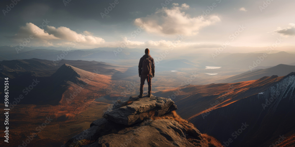 Adventurer standing on top of a mountain peak. Generative AI Adventurer standing on top of a mountain peak. Generative AI