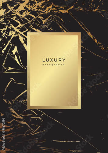 Luxury golden template with grunge effect. Gold crumpled foil texture. Scratched vector background. Defect, scuff pattern. Frame with shiny polyethylene texture. Stretched cling film. 