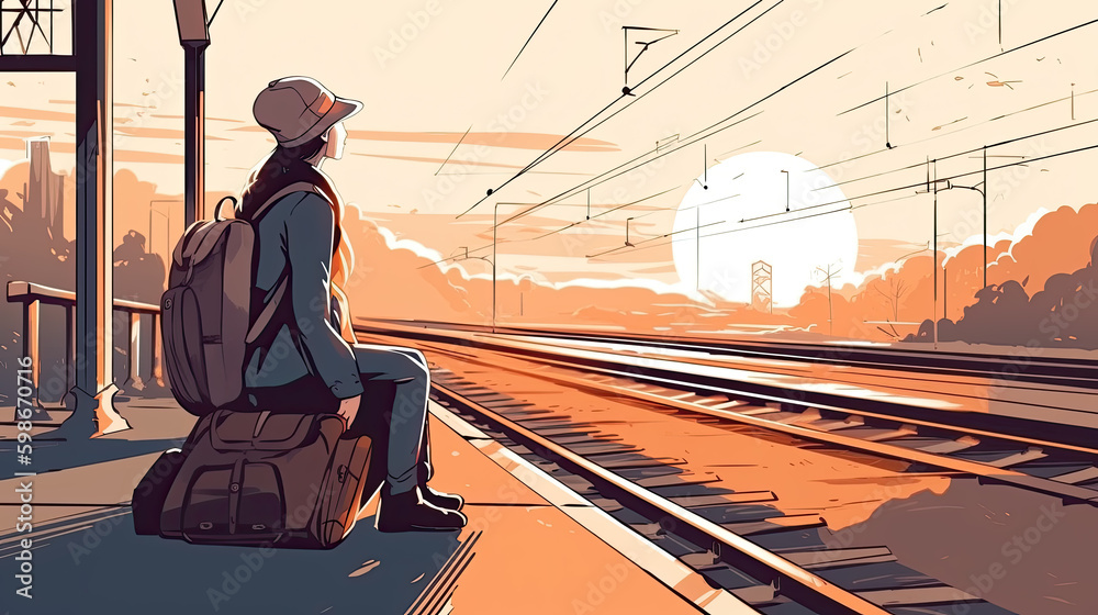 illustration of a young traveler woman waiting for the train at the train station. Generative AI