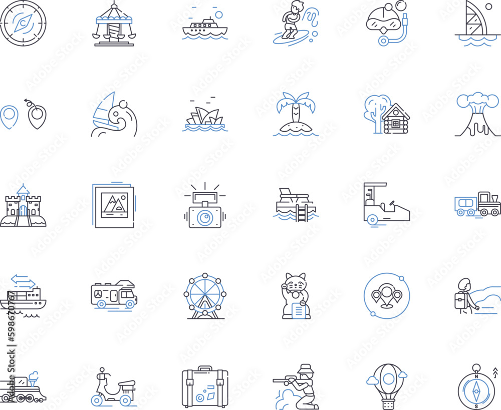 Voyage trip line icons collection. Adventure, Explore, Journey, Discovery, Expedition, Travel, Navigation vector and linear illustration. Odyssey,Wanderlust,Trek outline signs set Generative AI