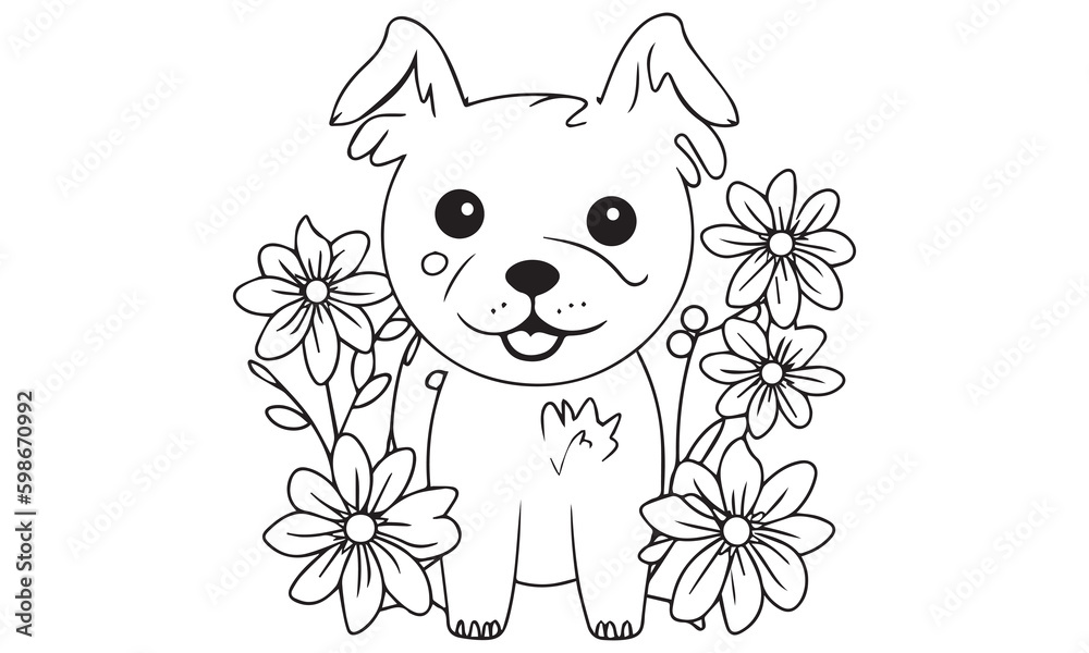 Children coloring pages puppy with flower art. Cute dog character ...
