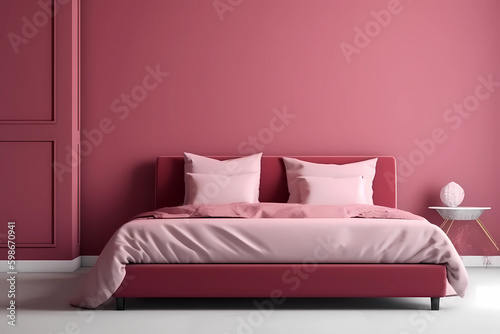 Modern bedrroom with monochrome pastel pink empty wall. Contemporary interior design with trendy wall color. Generative AI. © Iryna
