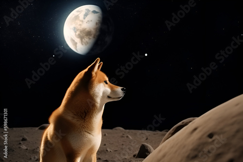 宇宙で星を見上げる柴犬、AI © 悠資 原田
