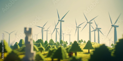 a field with windmills in the distance under a blue sky, a banner, in the style of a children's constructor, generativ ai