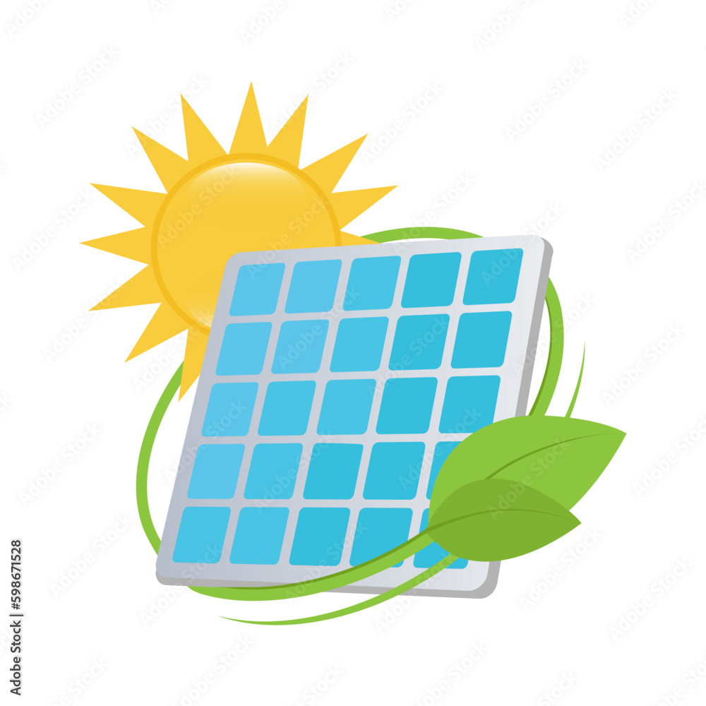 Solar energy and power concept to save the environment with a photovoltaic solar panel under a hot sun encircled with green leaves