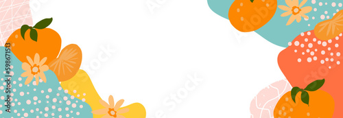Vector frame with flat tangerines and abstract elements. Hand colored background