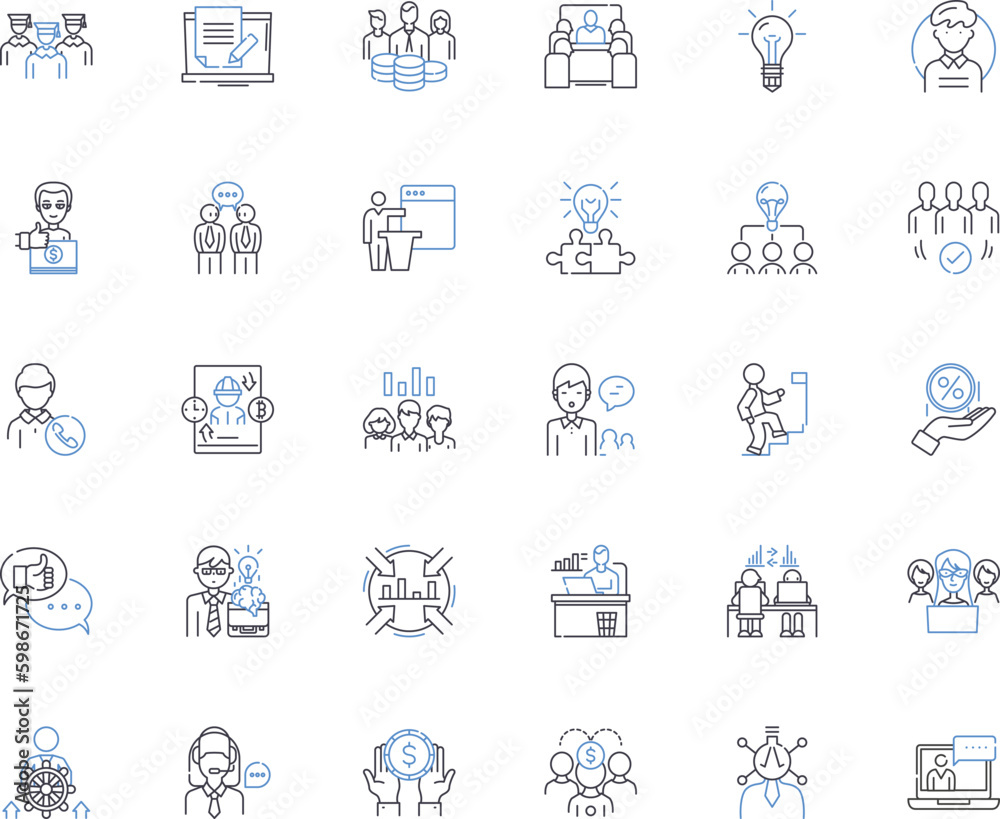 Staff training line icons collection. Development, Coaching, Education, Learning, Workshop, Mentoring, Instruction vector and linear illustration. Seminar,Training,Leadership outline Generative AI